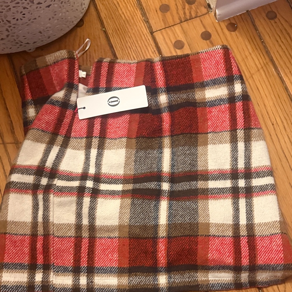 Plaid Wool Skirt - Red, Brown, and White